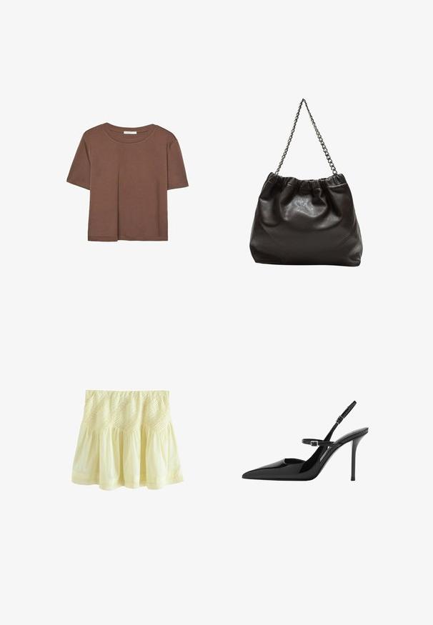 Maglietta a maniche corte marrone realizzata in tessuto morbido, con scollatura rotonda e vestibilità rilassata. Nessun motivo o dettaglio visibile.; Gonna gialla a strati realizzata in tessuto leggero. Presenta una texture arricciata e una cucitura decorativa lungo la vita e l'orlo.; Slingback in vernice nera con tacco a stiletto, punta affusolata e cinturino regolabile. Superficie liscia con finitura lucida.; Borsa in pelle marrone con parte superiore arricciata e tracolla a catena. Texture liscia con finitura lucida e dettagli di cucitura sottili sui lati.