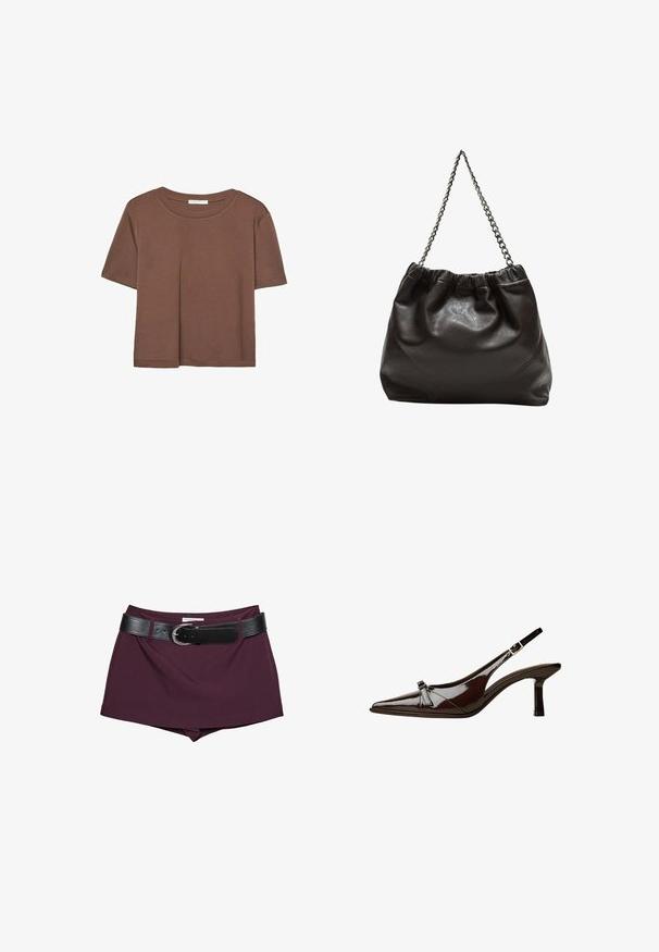 Braunes, kurzärmliges T-Shirt aus weichem Material mit rundem Halsausschnitt und lockerer Passform. Keine sichtbaren Muster oder Akzente.; Bordeauxfarbene Shorts mit einem schwarzen Ledergürtel. Das Design zeichnet sich durch eine glatte Textur und eine taillierte Form aus, mit einem breiten, schnallengesicherten Gürtel.; Braune Lackleder-Slingback-Schuhe mit spitzem Zehenbereich, niedrigem Absatz und einer dekorativen Schleifenakzent an der Vorderseite. Glatte, glänzende Textur.; Braune Lederhandtasche mit gerafftem Oberteil und Kettenriemen. Glatte Textur mit glänzendem Finish und subtilen Nahtdetails an den Seiten.