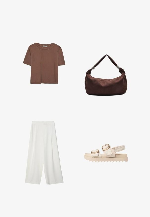 Hnedé tričko s krátkym rukávom vyrobené z jemného materiálu, s okrúhlym výstrihom a voľným strihom. Žiadne viditeľné vzory ani akcenty.; Biele široké nohavice so skrátenou dĺžkou a hladkou textúrou, s plochým predným dielom a bez viditeľných zapínaní alebo vreciek.; Svetlo béžové sandále s textúrovanými textilnými popruhmi a zlatými kovovými prvkami. Masívna podrážka má cik-cak vzor pre lepšiu priľnavosť a stabilitu.; Hnedá semišová kabelka na plece so zipsovým uzáverom, vybavená skrúteným popruhom zdobeným kovovými akcentmi pre bezpečné nosenie.