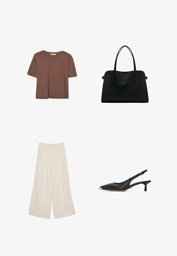 Korte mouwen T-shirt in bruin, gemaakt van een zachte stof, met een ronde halslijn en een relaxte pasvorm. Geen zichtbare patronen of accenten.; Linnen wijde broek in een lichtbeige kleur met een geplooid ontwerp en een elastische tailleband voor comfort en draaggemak.; Zwarte leren slingback schoen met spitse neus, zilverkleurige punt, lage blokhak en een open achterkant ontwerp. Gladde textuur en minimale details.; Zwarte leren handtas met dubbele schouderriemen, rechthoekige vorm en minimalistisch ontwerp op een witte achtergrond.