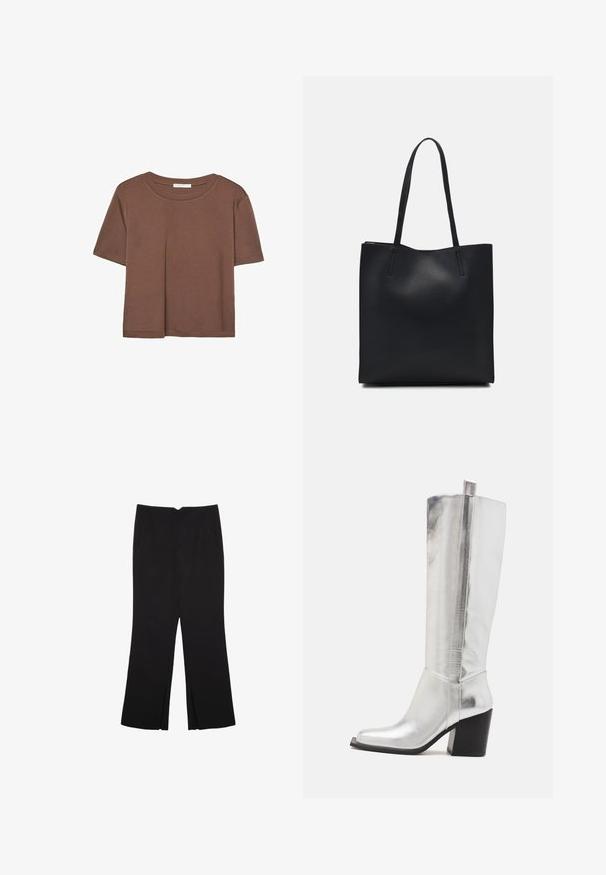 Brun kortärmad t-shirt i mjukt tyg, med rund halsringning och avslappnad passform. Inga synliga mönster eller detaljer.; Svarta byxor med rak passform, utrustade med framfickor och sidoklyvningar vid fållen. Tillverkade av mjukt, slätt tyg. Lämpliga för olika tillfällen.; Knähöga silverfärgade skinnstövlar med fyrkantig tå, accentuerade av en glänsande metallisk yta och en robust svart klack.; Svart lädertoffelväska med slät textur, rektangulär form och två långa handtag. Ingen synlig hårdvara eller dekorationer.