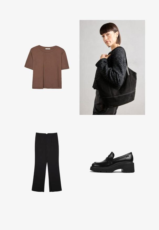 Brun kortærmet t-shirt lavet af blødt stof, med rund halsudskæring og afslappet pasform. Ingen synlige mønstre eller detaljer.; Sorte bukser med lige pasform, der har frontlommer og slidser i kanten. Lavet af blødt, glat stof. Velegnet til forskellige anledninger.; Sorte læder loafers med chunky hæl, tyk sål og en remdetalje henover, vist fra siden på en hvid baggrund.; Sort ruskinds tote taske med en glat tekstur, struktureret form og kontrasterende syninger. Har lange stropper til skulderbæring.