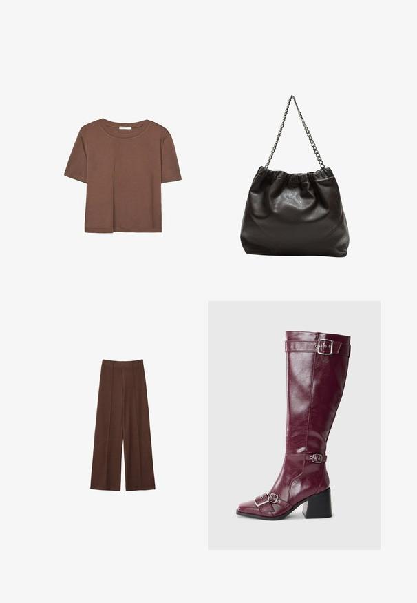 Hnědé tričko s krátkým rukávem vyrobené z měkké látky, s kulatým výstřihem a volným střihem. Bez viditelných vzorů nebo dekorací.; Hnědé široké kalhoty z jemné tkaniny, s vysokým pasem, vertikálním švem a hladkou texturou.; Bordové kožené vysoké boty po kolena s špičatou špičkou, stříbrnými sponami a blokovým podpatkem. Mají hladkou, lesklou texturu.; Hnědá kožená taška se sbíraným vrškem a řetízkovým popruhem. Hladký povrch s lesklým finišem a jemným švem na bocích.