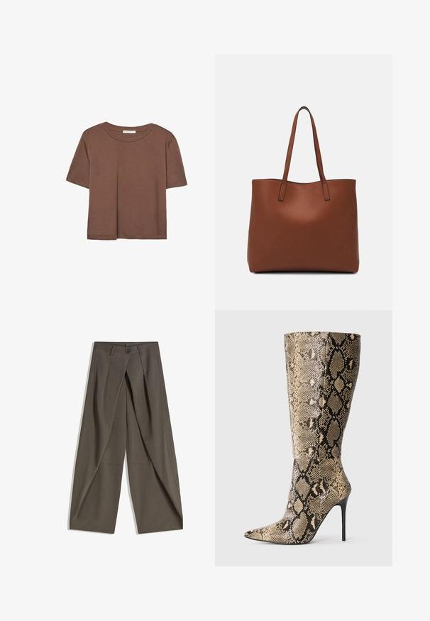 Brązowa koszulka z krótkim rękawem, wykonana z miękkiego materiału, z okrągłym dekoltem i luźnym krojem. Brak widocznych wzorów lub akcentów.; Spodnie o szerokich nogawkach wykonane z teksturowanej, ciemnoszarej tkaniny. Posiadają fałdy z przodu, zapięcie na guzik oraz boczne kieszenie dla wygody.; Botki na obcasie w kształcie stiletto do kolan, z ostrym noskiem i wzorem w beżowo-czarnego węża, zaprezentowane z boku na jednolitym tle.; Brązowa skórzana torba tote o gładkiej fakturze, z otwartym wierzchem i dwoma ramiączkami. Charakteryzuje się minimalnym przeszyciem i brakiem widocznych elementów metalowych.
