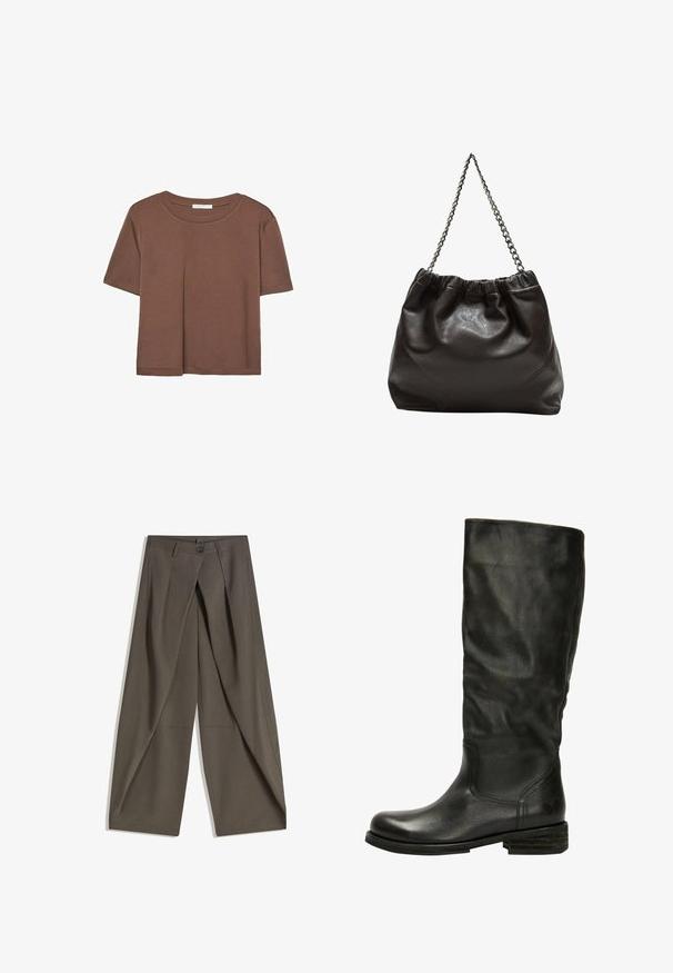 Brown short-sleeve t-shirt made of soft fabric, with a round neckline and relaxed fit. No visible patterns or accents.; Wide-leg trousers made of a textured, dark gray fabric. Features a front pleat, button closure, and side pockets for practicality.; Felmini Boots - black; Brown leather bag with a gathered top and a chain strap. Smooth texture with a glossy finish and subtle seam detailing on the sides.