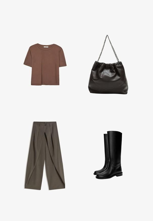 Kahvinsävyinen lyhythihainen t-paita, joka on valmistettu pehmeästä kankaasta. Pyöreä pääntie ja rento malli. Ei näkyviä kuvioita tai koristeita.; Laahustetut leveät housut tummasta harmaasta kankaasta. Varustettu etupleatilla, nappikiinnityksellä ja sivutaskuilla käytännöllisyyden vuoksi.; Mustat polven ylle ulottuvat nahkasaappaat, joiden pinta on sileä, pyöreä kärki, tasapohja ja minimalistisesta muotoilusta. Saappaissa on ommeltuja saumoja ja ei näkyvää metalliosaa.; Ruskea nahkainen laukku, jossa on kerätty yläosa ja ketjuhihna. Tasainen pinta, jossa kiiltävä viimeistely ja hienovaraiset sauman yksityiskohdat sivuilla.