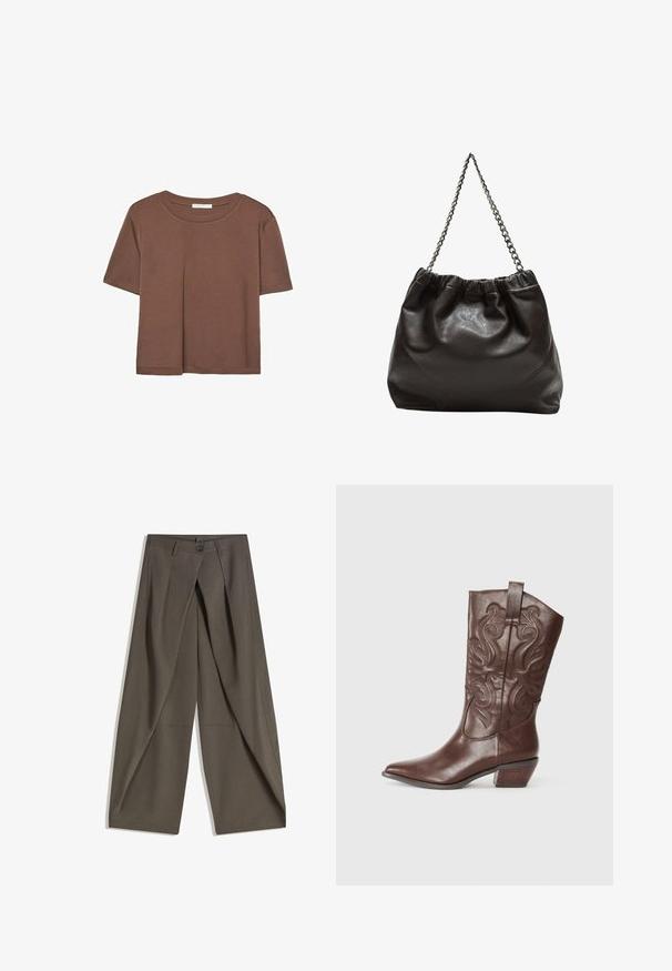 Hnědé tričko s krátkým rukávem vyrobené z měkké látky, s kulatým výstřihem a volným střihem. Bez viditelných vzorů nebo dekorací.; Kalhoty s širokými nohavicemi vyrobené z texturované tkaniny tmavě šedé barvy. Obsahují přední záhyb, zapínání na knoflík a boční kapsy pro praktičnost.; Hnědé kožené kovbojské boty s špičatou špičkou, dekorativním prošíváním na holeni a nízkým zasekaným podpatkem. Hladký povrch s lesklým finišem.; Hnědá kožená taška se sbíraným vrškem a řetízkovým popruhem. Hladký povrch s lesklým finišem a jemným švem na bocích.