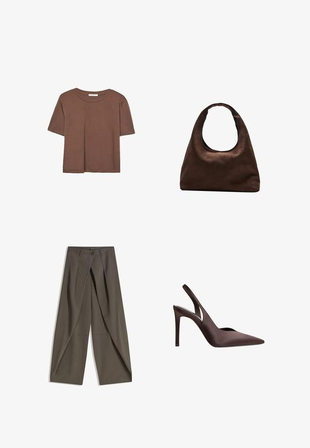 Smeđi kratki rukav majica od mekog materijala, s okruglim izrezom i opuštenim krojem. Nema vidljivih uzoraka ili naglasaka.; Hlače širokog kroja izrađene od teksturirane tamnosive tkanine. Imaju prednji plis, kopčanje na gumb i bočne džepove za praktičnost.; Smeđi satenski sandala s visokim potpeticama, s oštrim vrhom i izrezbarenom dizajnom. Ima tanku stileto potpeticu i glatku teksturu.; Meka mekana smeđa torba hobo stila s jednim širokim remenom i zakrivljenim otvaranjem na vrhu, prikazana na bijeloj pozadini.
