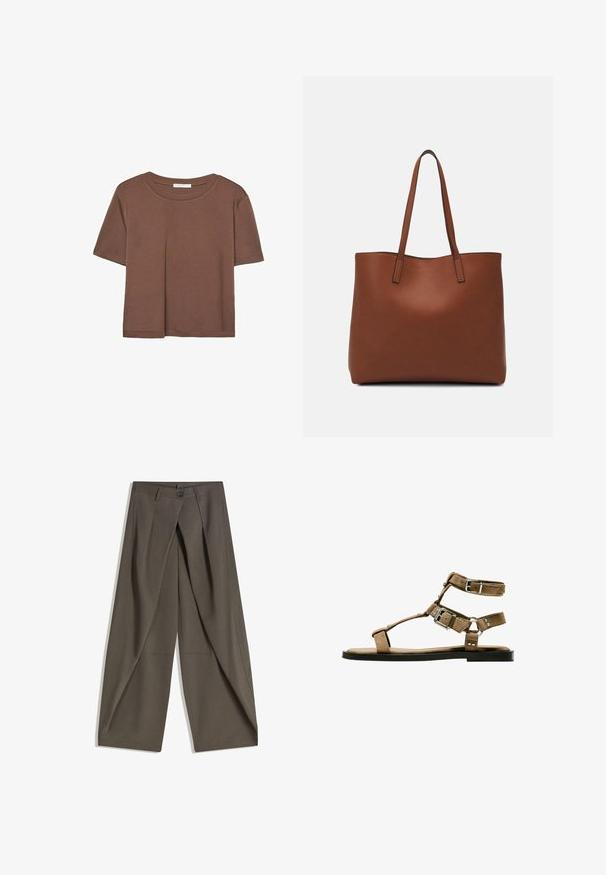 Smeđi kratki rukav majica od mekog materijala, s okruglim izrezom i opuštenim krojem. Nema vidljivih uzoraka ili naglasaka.; Hlače širokog kroja izrađene od teksturirane tamnosive tkanine. Imaju prednji plis, kopčanje na gumb i bočne džepove za praktičnost.; Smeđa antilop kožna sandala s višestrukim trakama i srebrnim kopčama, ravnim potplatom, otvorenim prstima i suptilnim zakovicama.; Smeđa kožna torba preko ramena s glatkom teksturom, otvorenim vrhom i dvjema naramenicama. Ima minimalne šavove i nema vidljivog hardvera.