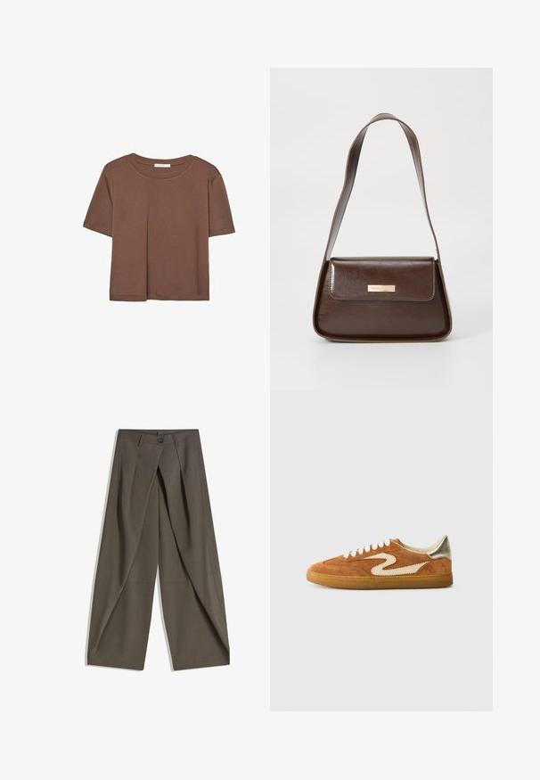 T-shirt marron à manches courtes en tissu doux, avec un col rond et une coupe décontractée. Aucun motif ni accent visible.; Pantalons à jambes larges en tissu texturé gris foncé. Présente un pli avant, une fermeture par bouton et des poches latérales pour plus de praticité.; Baskets en daim marron et crème, avec un design en zigzag unique, des lacets beige et une semelle en caoutchouc gomme. Accents métalliques sur le talon.; Sac à épaule en cuir marron avec une forme structurée, doté d'une fermeture à rabat magnétique et d'un accent de logo métallique à l'avant.