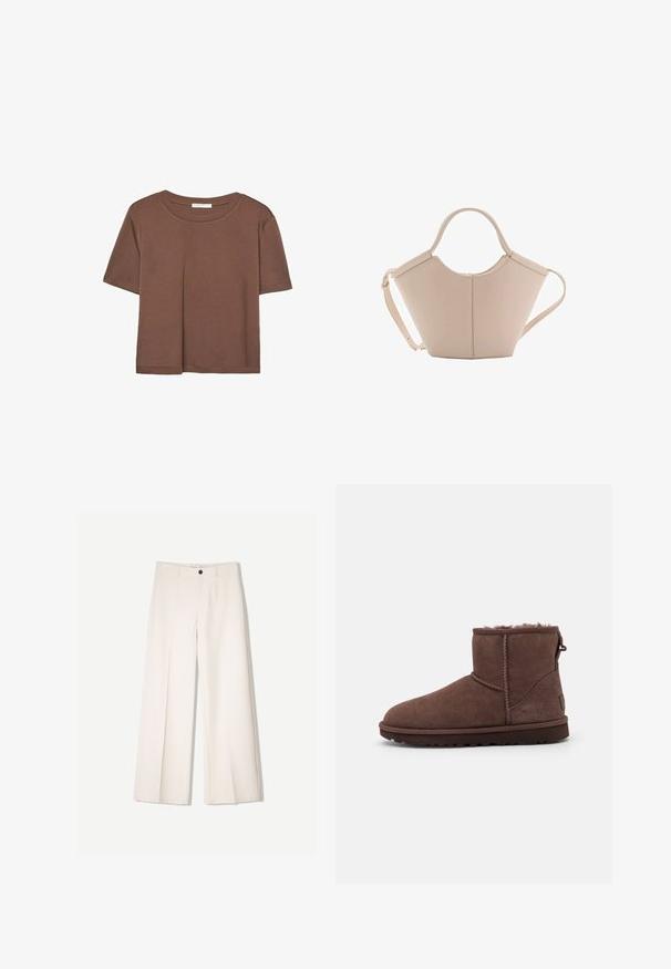 Smeđi kratki rukav majica od mekog materijala, s okruglim izrezom i opuštenim krojem. Nema vidljivih uzoraka ili naglasaka.; Kreme hlače širokih nogavica s krojem koji je prilagođen, s dva prednja džepa i jednim prednjim zatvaranjem na gumb, izrađene od glatkog materijala.; UGG CLASSIC MINI II - Zimske čizme - burnt cedar; Bež kožna torba jedinstvenog oblika, s dva kratka ručka i dugom podesivom trakom. Glatka tekstura s minimalnim metalnim dodacima.