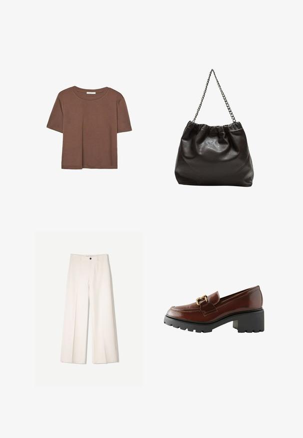 Braunes, kurzärmliges T-Shirt aus weichem Material mit rundem Halsausschnitt und lockerer Passform. Keine sichtbaren Muster oder Akzente.; Cremfarbene weitem Hosen mit maßgeschneidertem Design, ausgestattet mit zwei vorderen Taschen und einem vorderen Knopfverschluss, aus glattem Stoff gefertigt.; Braune Lederloafer mit runder Zehenform, dekorativer goldener Hardware und einer dicken schwarzen Plateausohle mit strukturierter Oberfläche.; Braune Lederhandtasche mit gerafftem Oberteil und Kettenriemen. Glatte Textur mit glänzendem Finish und subtilen Nahtdetails an den Seiten.