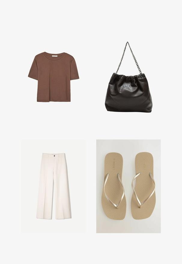 Brun kortærmet t-shirt lavet af blødt stof, med rund halsudskæring og afslappet pasform. Ingen synlige mønstre eller detaljer.; Cremefarvede bukser med bred benvidde og skræddersyet design, der har to forlommer og en enkelt frontknaplukning, lavet af et glat stof.; Beige flip-flops med en tekstureret sål og metallic sølv stropper. Simpelt design, der har en flad og bred sål for komfort.; Brun lædertaske med en rynket top og en kædestrop. Glat tekstur med en blank finish og subtile sømdetaljer på siderne.