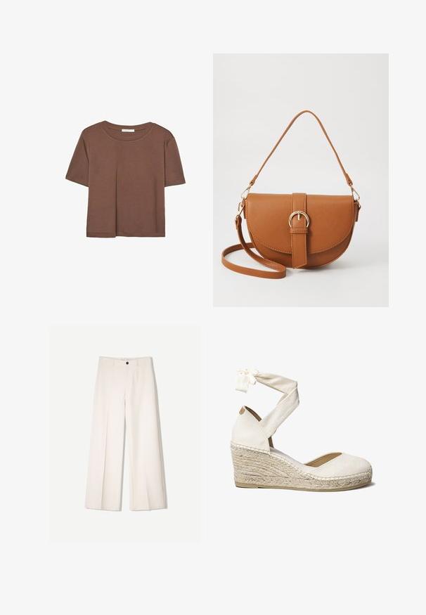 Brązowa koszulka z krótkim rękawem, wykonana z miękkiego materiału, z okrągłym dekoltem i luźnym krojem. Brak widocznych wzorów lub akcentów.; Kremowe spodnie szerokie z dopasowanym krojem, z dwoma przednimi kieszeniami i pojedynczym zapięciem na guzik z przodu, wykonane z gładkiego materiału.; Białe płótno sandały na koturnie z wiązaniem na kostce, owijanym w jute obcasem, okrągłym noskiem i teksturowaną tkaniną wierzchnią. Wysokość koturnu wynosi około 7 cm.; Brązowa skórzana torba na ramię o zaokrąglonym kształcie, ze złotymi akcentami i zapięciem w formie klamry. Posiada odpinany pasek na ramię.
