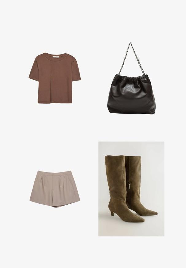 Brązowa koszulka z krótkim rękawem, wykonana z miękkiego materiału, z okrągłym dekoltem i luźnym krojem. Brak widocznych wzorów lub akcentów.; Beżowe, taliowane szorty z wysokim stanem, z paskiem, fałdami z przodu i kieszeniami bocznymi, prezentowane na białym tle.; Zielono-oliwkowe zamszowe wysokie kozaki do kolan z wydłużonym noskiem i czarnym zamkiem błyskawicznym z boku. Posiadają skromny obcas i gładką fakturę.; Brązowa skórzana torba z marszczonym szczytem i łańcuszkowym paskiem. Gładka tekstura z błyszczącym wykończeniem i subtelnymi detalami szwów po bokach.