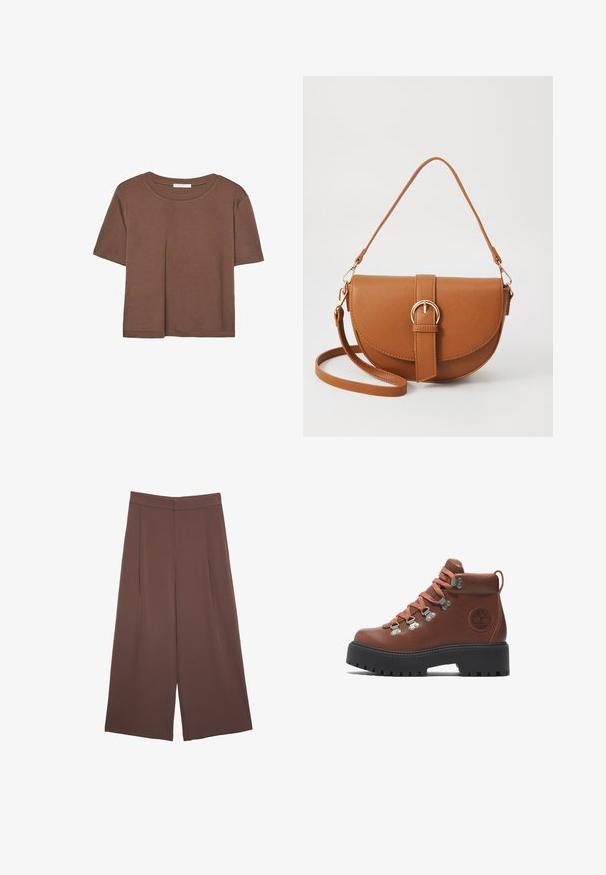 Maglietta a maniche corte marrone realizzata in tessuto morbido, con scollatura rotonda e vestibilità rilassata. Nessun motivo o dettaglio visibile.; Pantaloni ampi marroni con una texture liscia, caratterizzati da una vita alta e pieghe frontali. Il tessuto è leggero e scorre liberamente.; Stivale da trekking in pelle marrone con lacci arancioni, occhielli metallici e suola in gomma. Presenta una superficie testurizzata e un logo sul lato.; Borsa a tracolla in pelle marrone con forma curvata, hardware dorato e un dettaglio con fibbia. Presenta una tracolla rimovibile.