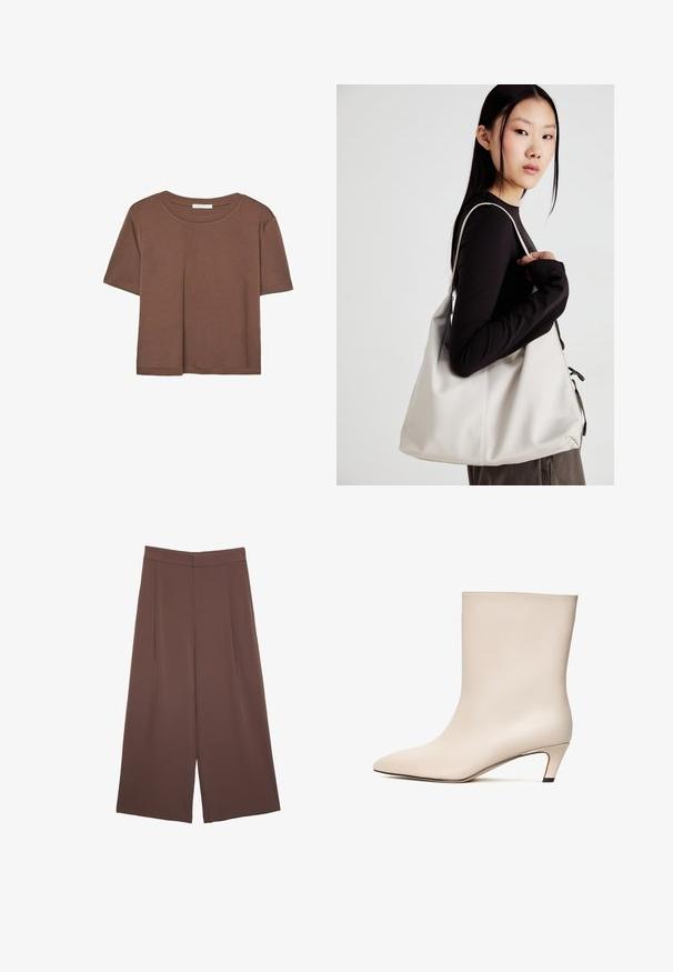 Kahvinsävyinen lyhythihainen t-paita, joka on valmistettu pehmeästä kankaasta. Pyöreä pääntie ja rento malli. Ei näkyviä kuvioita tai koristeita.; Ruskeat leveälahkeiset housut, joissa on sileä pinta, korkea vyötärö ja etupleat. Kangas on kevyttä ja laskeutuu väljänä.; Beige nahkasaapas nilkkapituisella, terävällä kärjellä ja kartiomaisella kantapäällä. Silkinmoleva pinta, jossa on minimaalinen ompelu ja sulavaliikkuinen siluetti.; Beige laukku, joka on valmistettu pehmeästä materiaalista, ja siinä on rento muotoilu, ommeltu yksityiskohtia ja kaksi olkahihnaa. Sopii päivittäiseen käyttöön.