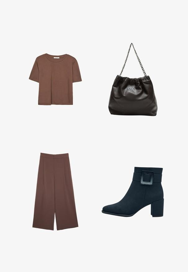 Brun kortærmet t-shirt lavet af blødt stof, med rund halsudskæring og afslappet pasform. Ingen synlige mønstre eller detaljer.; Brune bredbunde bukser med en glat tekstur, der har høj talje og plisseringer foran. Stoffet er let og falder løst.; Sort ruskind ankelstøvle med firkantet tå og bred blokhæl. Har en bred rem med en rektangulær spænde detalje.; Brun lædertaske med en rynket top og en kædestrop. Glat tekstur med en blank finish og subtile sømdetaljer på siderne.