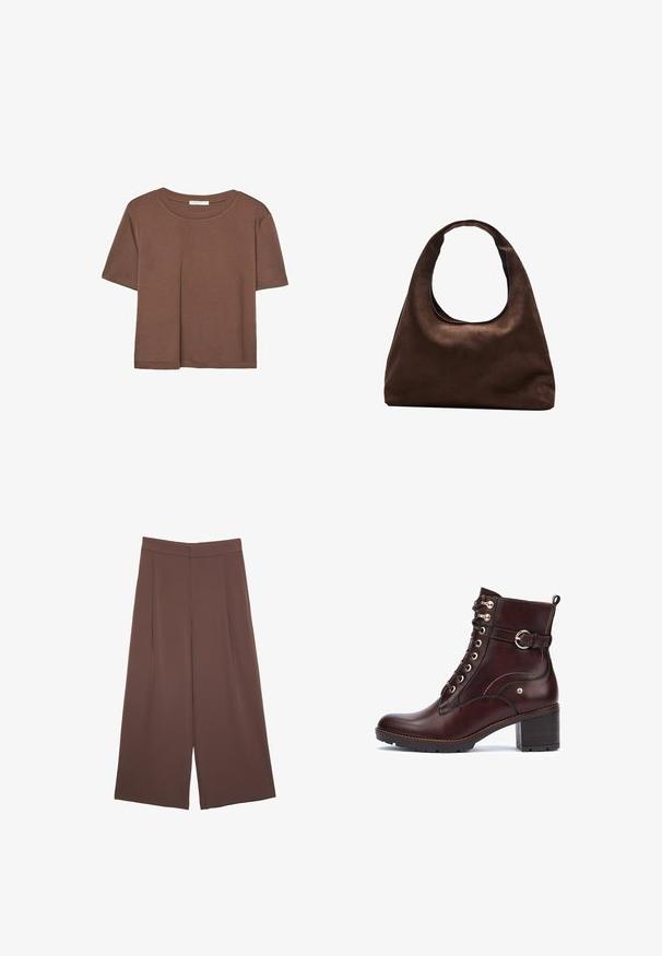 Maglietta a maniche corte marrone realizzata in tessuto morbido, con scollatura rotonda e vestibilità rilassata. Nessun motivo o dettaglio visibile.; Pantaloni ampi marroni con una texture liscia, caratterizzati da una vita alta e pieghe frontali. Il tessuto è leggero e scorre liberamente.; Pikolinos LLANES - Tronchetti - dark brown; Borsa hobo di un morbido marrone con una sola tracolla larga e un'apertura a manico curvo, esposta su uno sfondo bianco.