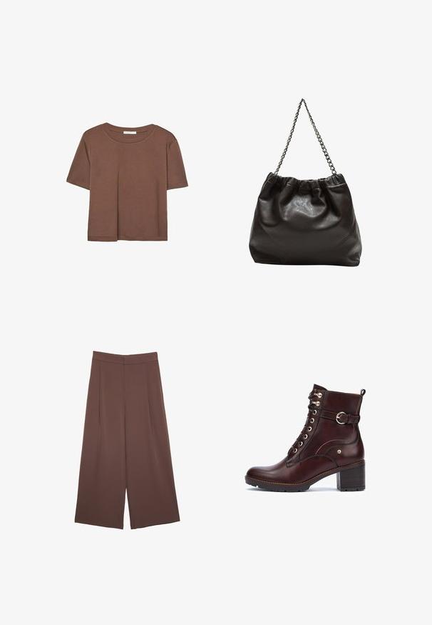 Hnědé tričko s krátkým rukávem vyrobené z měkké látky, s kulatým výstřihem a volným střihem. Bez viditelných vzorů nebo dekorací.; Hnědé široké kalhoty s hladkou texturou, vysokým pasem a předními záhyby. Materiál je lehký a volně splývá.; Pikolinos LLANES - Kotníková obuv - dark brown; Hnědá kožená taška se sbíraným vrškem a řetízkovým popruhem. Hladký povrch s lesklým finišem a jemným švem na bocích.