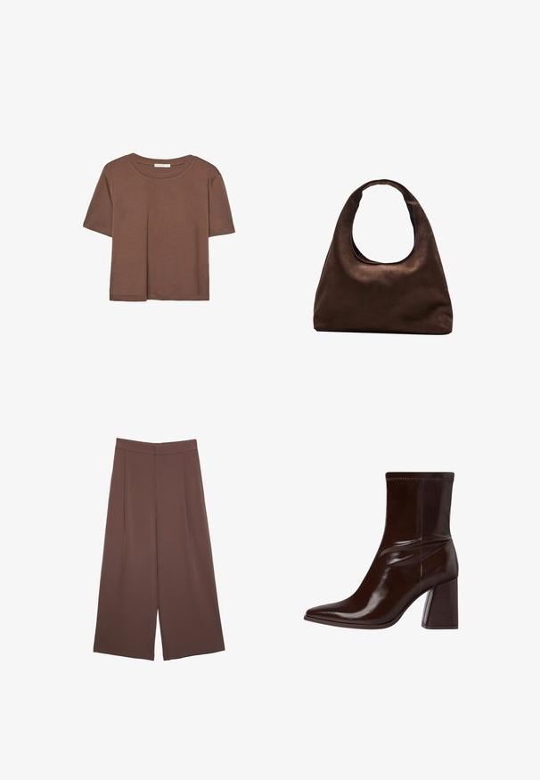 Maglietta a maniche corte marrone realizzata in tessuto morbido, con scollatura rotonda e vestibilità rilassata. Nessun motivo o dettaglio visibile.; Pantaloni ampi marroni con una texture liscia, caratterizzati da una vita alta e pieghe frontali. Il tessuto è leggero e scorre liberamente.; Stivale alla caviglia in pelle verniciata marrone con punta affusolata, cavigliera elasticizzata e tacco a blocco spesso. Design elegante con superficie liscia.; Borsa hobo di un morbido marrone con una sola tracolla larga e un'apertura a manico curvo, esposta su uno sfondo bianco.