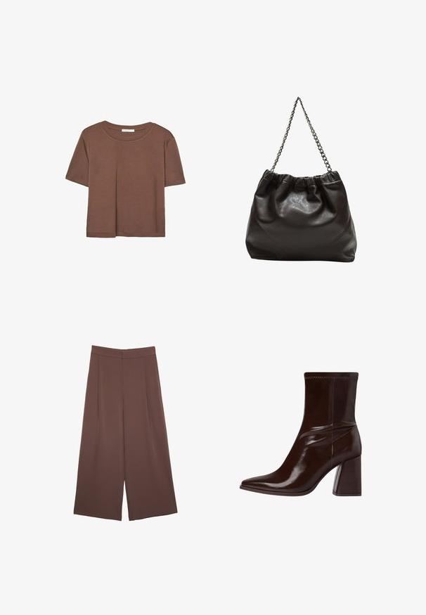 Kahvinsävyinen lyhythihainen t-paita, joka on valmistettu pehmeästä kankaasta. Pyöreä pääntie ja rento malli. Ei näkyviä kuvioita tai koristeita.; Ruskeat leveälahkeiset housut, joissa on sileä pinta, korkea vyötärö ja etupleat. Kangas on kevyttä ja laskeutuu väljänä.; Ruske patentkožne gležnjače s šiljastim vrhom, elastičnim gležnjem i masivnim blok petom. Elegantni dizajn s glatkom teksturom.; Ruskea nahkainen laukku, jossa on kerätty yläosa ja ketjuhihna. Tasainen pinta, jossa kiiltävä viimeistely ja hienovaraiset sauman yksityiskohdat sivuilla.