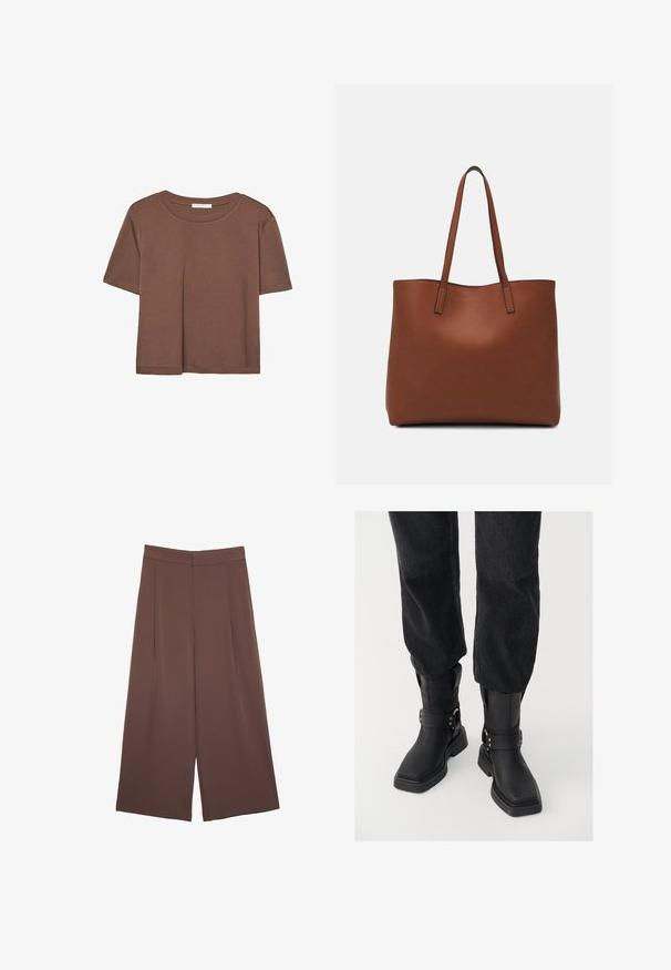 Brązowa koszulka z krótkim rękawem, wykonana z miękkiego materiału, z okrągłym dekoltem i luźnym krojem. Brak widocznych wzorów lub akcentów.; Brązowe spodnie o szerokich nogawkach z gładką fakturą, z wysokim stanem i plisami z przodu. Materiał jest lekki i luźno opada.; Czarne skórzane botki za kostkę z kwadratowym noskiem, z szerokim paskiem i metalowym zapięciem. Botki mają masywną podeszwę i gładką fakturę.; Brązowa skórzana torba tote o gładkiej fakturze, z otwartym wierzchem i dwoma ramiączkami. Charakteryzuje się minimalnym przeszyciem i brakiem widocznych elementów metalowych.
