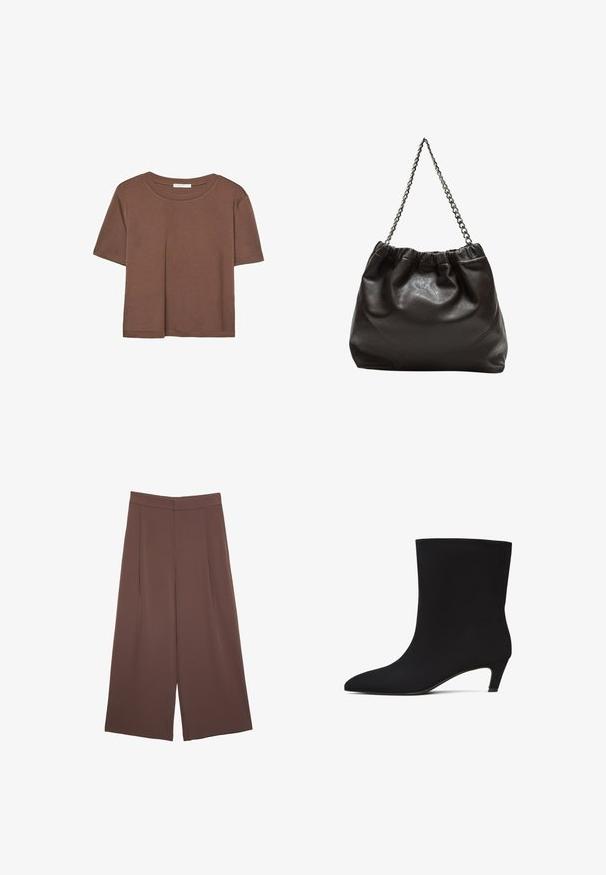Hnědé tričko s krátkým rukávem vyrobené z měkké látky, s kulatým výstřihem a volným střihem. Bez viditelných vzorů nebo dekorací.; Hnědé široké kalhoty s hladkou texturou, vysokým pasem a předními záhyby. Materiál je lehký a volně splývá.; Černé kotníkové boty s hladkým, jemným povrchem, špičatou špičkou a nízkým podpátkem. Bezšvový design bez viditelného kovového zpracování nebo vzorů.; Hnědá kožená taška se sbíraným vrškem a řetízkovým popruhem. Hladký povrch s lesklým finišem a jemným švem na bocích.