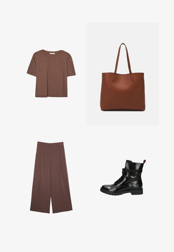 Maglietta a maniche corte marrone realizzata in tessuto morbido, con scollatura rotonda e vestibilità rilassata. Nessun motivo o dettaglio visibile.; Pantaloni ampi marroni con una texture liscia, caratterizzati da una vita alta e pieghe frontali. Il tessuto è leggero e scorre liberamente.; Stivale alla caviglia in pelle nera con finitura lucida, punta rotonda, allacciatura frontale e accenti borgogna a contrasto su lacci e collare. Suola in gomma resistente.; Borsa tote in pelle marrone con texture liscia, design con apertura superiore e due spallacci. Presenta cuciture minime e nessun hardware visibile.