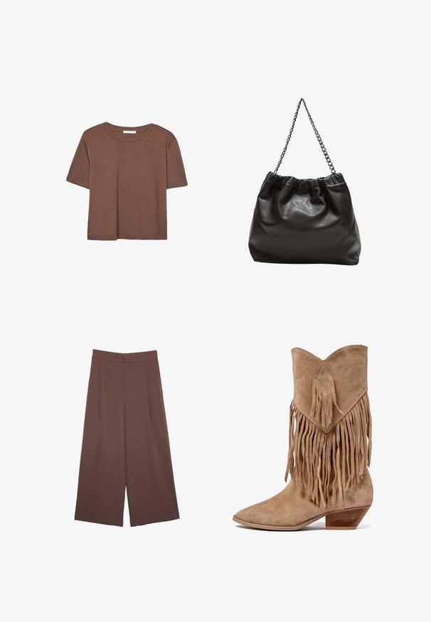 Rjava kratka majica s kratkimi rokavi iz mehkega materiala, s krožnim izrezom in ohlapnim krojem. Brez vidnih vzorcev ali dodatkov.; Rjave široke hlače z gladko teksturo, ki imajo visok pas in sprednje naborke. Tkanina je lahka in prosto pada.; Bakerice škornje izsuhe suede z resicami, s koničastim nosom in nizkim zloženim peto. Imajo romboidno oblogo na manšeti.; Rjava usnjena torba z nabranim vrhom in verižnim trakom. Gladka tekstura z sijajno površino in subtilnimi šivi na straneh.