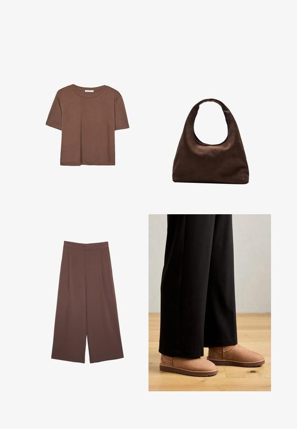 Hnedé tričko s krátkym rukávom vyrobené z jemného materiálu, s okrúhlym výstrihom a voľným strihom. Žiadne viditeľné vzory ani akcenty.; Hnedé nohavice so širokými nohavicami a hladkou textúrou, s vysokým pásom a prednými skladmi. Tkanina je ľahká a voľne sa pohybuje.; Hnedé semišové členkové čižmy s plochou gumovou podrážkou, zaoblenou špičkou a minimálnym šitím, nosené s čiernymi širokými nohavicami na drevenej podlahe.; Svetlohnedá kabelka v štýle hobo s jedným širokým popruhom a zakriveným otváraním na vrchu, vystavená na bielom pozadí.