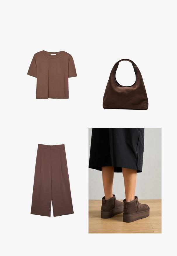 Braunes, kurzärmliges T-Shirt aus weichem Material mit rundem Halsausschnitt und lockerer Passform. Keine sichtbaren Muster oder Akzente.; Braune Weite-Leg-Hosen mit einer glatten Textur, hoher Taille und Vorderfalten. Der Stoff ist leicht und fällt locker.; UGG CLASSIC ULTRA MINI PLATFORM - Ankle Boot - burnt cedar; Weiche braune Hobo-Stil Handtasche mit einem einzigen breiten Trageriemen und einer geschwungenen Oberteilöffnung, auf einem weißen Hintergrund präsentiert.