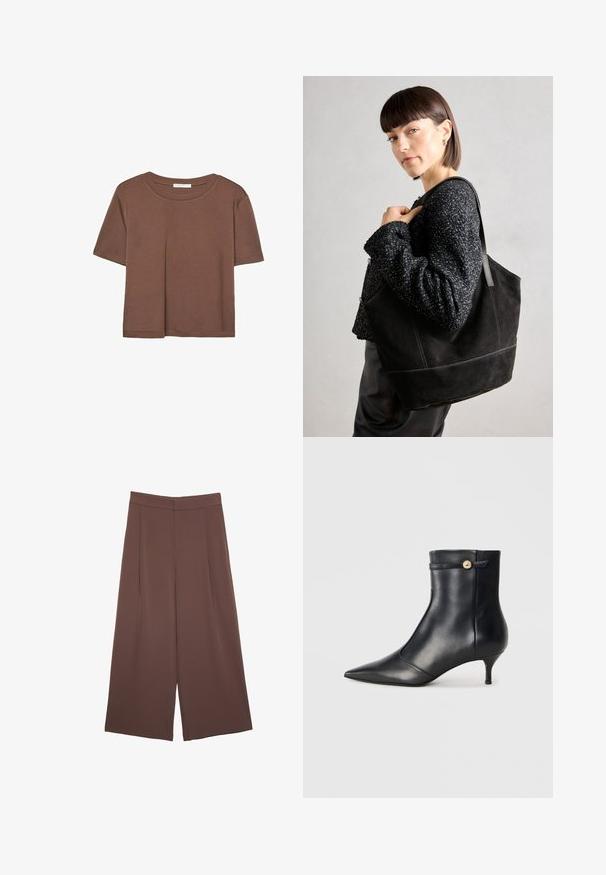 Kahvinsävyinen lyhythihainen t-paita, joka on valmistettu pehmeästä kankaasta. Pyöreä pääntie ja rento malli. Ei näkyviä kuvioita tai koristeita.; Ruskeat leveälahkeiset housut, joissa on sileä pinta, korkea vyötärö ja etupleat. Kangas on kevyttä ja laskeutuu väljänä.; Mustat nahkasaappaat nilkkaketjulla, jossa on terävä kärki ja pieni, kapeneva korko. Varustettu koristeellisella hihnalla, jossa on kultainen nappi. Tasainen pinta.; Musta mokkanahkainen laukku, jossa on sileä pinta, jämäkkä muoto ja kontrastivärinen ommel. Varustettu pitkillä hihnoilla olalla kantamista varten.