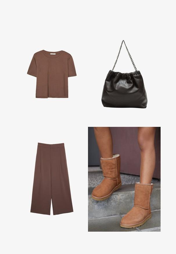 T-shirt marron à manches courtes en tissu doux, avec un col rond et une coupe décontractée. Aucun motif ni accent visible.; Pantalons larges marron avec une texture lisse, dotés d'une taille haute et de plis à l'avant. Le tissu est léger et tombe de manière fluide.; Bottines en suede marron, à bout rond, avec une doublure douce et une semelle en caoutchouc, présentant des détails de couture visibles le long des coutures.; Sac en cuir marron avec un haut froncé et une bandoulière en chaîne. Texture lisse avec une finition brillante et des coutures subtiles sur les côtés.