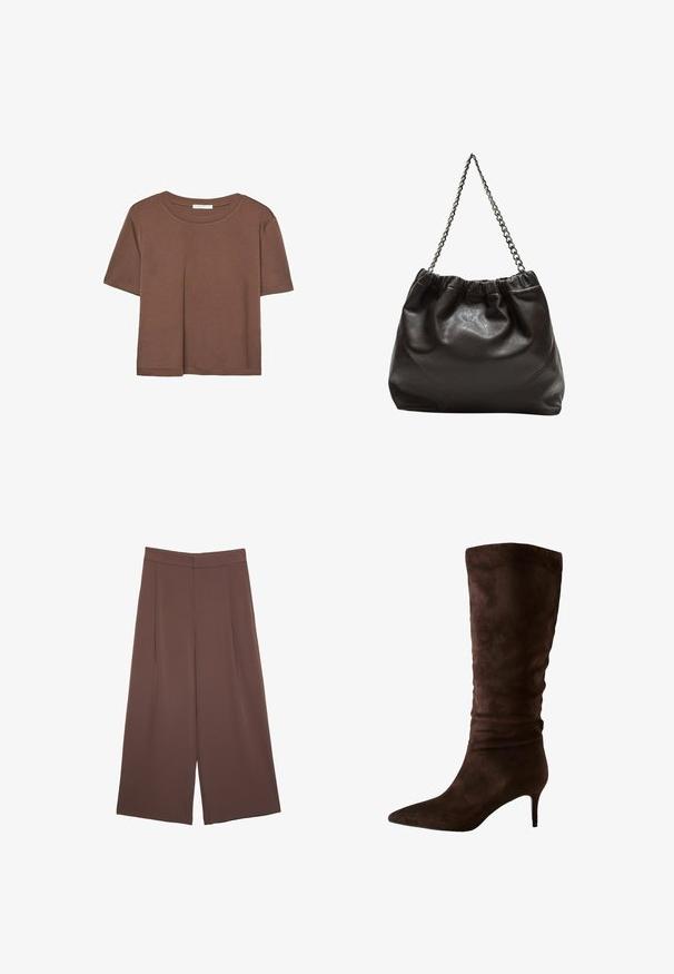 Hnědé tričko s krátkým rukávem vyrobené z měkké látky, s kulatým výstřihem a volným střihem. Bez viditelných vzorů nebo dekorací.; Hnědé široké kalhoty s hladkou texturou, vysokým pasem a předními záhyby. Materiál je lehký a volně splývá.; Hnědé semišové kozačky po kolena s špičatou špičkou a štíhlým podpatkem. Design obsahuje nabranou texturu blízko vršku pro dodatečný detail.; Hnědá kožená taška se sbíraným vrškem a řetízkovým popruhem. Hladký povrch s lesklým finišem a jemným švem na bocích.