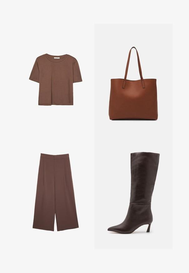 Hnědé tričko s krátkým rukávem vyrobené z měkké látky, s kulatým výstřihem a volným střihem. Bez viditelných vzorů nebo dekorací.; Hnědé široké kalhoty s hladkou texturou, vysokým pasem a předními záhyby. Materiál je lehký a volně splývá.; Steve Madden LAVAN - Vysoká obuv - brown; Hnědá kožená taška přes rameno s hladkou texturou, otevřeným designem a dvěma ramenními popruhy. Obsahuje minimální švy a žádné viditelné kovové prvky.