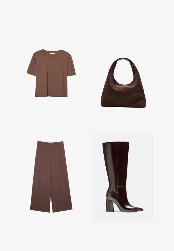 T-shirt marron à manches courtes en tissu doux, avec un col rond et une coupe décontractée. Aucun motif ni accent visible.; Pantalons larges marron avec une texture lisse, dotés d'une taille haute et de plis à l'avant. Le tissu est léger et tombe de manière fluide.; Botte en cuir marron hauteur genou avec un bout pointu, un talon bloc et des détails de couture visibles. Texture lisse avec une finition polie.; Sac à main en toile marron doux de style hobo avec une large sangle unique et une ouverture en haut arrondie, présenté sur un fond blanc.