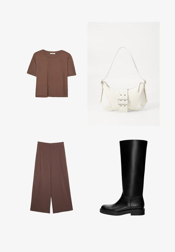 Rjava kratka majica s kratkimi rokavi iz mehkega materiala, s krožnim izrezom in ohlapnim krojem. Brez vidnih vzorcev ali dodatkov.; Rjave široke hlače z gladko teksturo, ki imajo visok pas in sprednje naborke. Tkanina je lahka in prosto pada.; Črne usnjene škornje do kolen z gladko teksturo, zaobljenim prstom, preprostim dizajnom in nizko blok peto. Ni vidne opreme ali vzorcev.; Bela torbica za rame z teksturirano površino, osrednjo sponko in ukrivljenim oblikovanjem. Zadrge na obeh straneh.