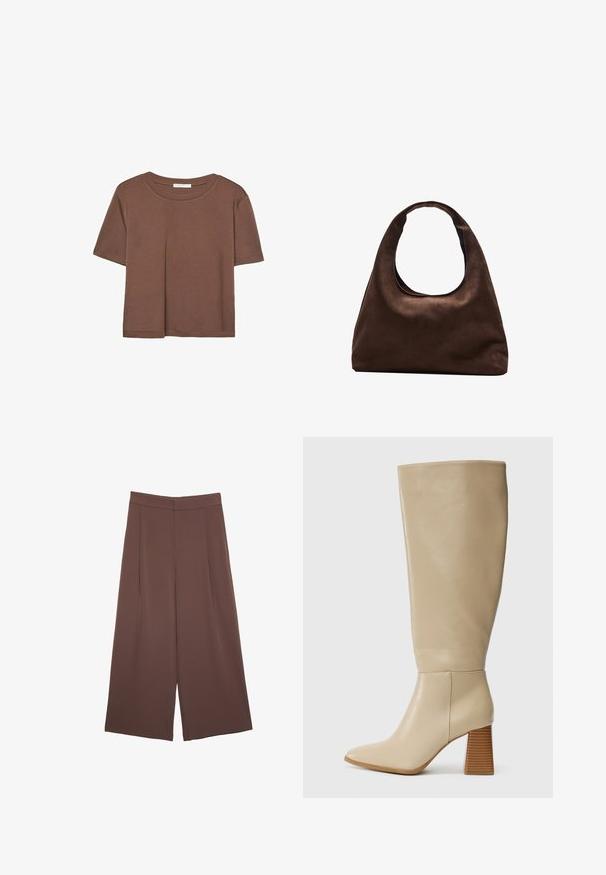 Brun kortærmet t-shirt lavet af blødt stof, med rund halsudskæring og afslappet pasform. Ingen synlige mønstre eller detaljer.; Brune bredbunde bukser med en glat tekstur, der har høj talje og plisseringer foran. Stoffet er let og falder løst.; Beige læder støvle i knæhøjde med spids tå, tekstureret blokhæl og glat overflade. Sømdetalje ved anklen og den øverste kant.; Blød brun hobo-stil håndtaske med en enkelt bred strop og en buet åbning på toppen, vist på en hvid baggrund.