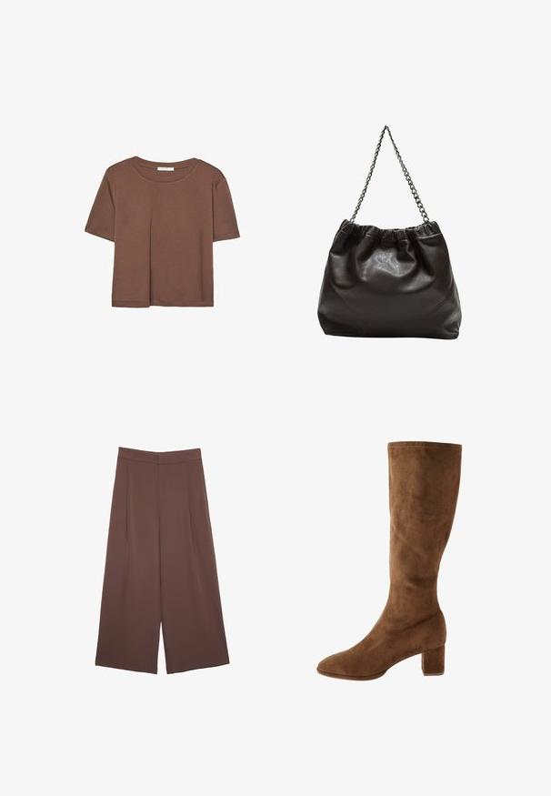 Brown short-sleeve t-shirt made of soft fabric, with a round neckline and relaxed fit. No visible patterns or accents.; Brown wide-leg trousers with a smooth texture, featuring a high waist and front pleats. The fabric is lightweight and flows loosely.; Brown suede knee-high boot with a tapered toe and block heel, featuring a smooth texture and clean stitching along the edges.; Brown leather bag with a gathered top and a chain strap. Smooth texture with a glossy finish and subtle seam detailing on the sides.