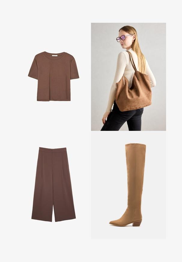 Brun kortärmad t-shirt i mjukt tyg, med rund halsringning och avslappnad passform. Inga synliga mönster eller detaljer.; Bruna vida byxor med en slät textur, som har hög midja och framfickor. Tyget är lätt och flödar löst.; Knähöga bruna stövlar i ett slätt material med spetsig tå och låg klack. Enkel design, utan synliga mönster eller detaljer.; Brun mocka toteväska med mjuk textur, stor öppning och långa axelremmar. Har en enkel design med synliga sömmar och ingen hårdvara.