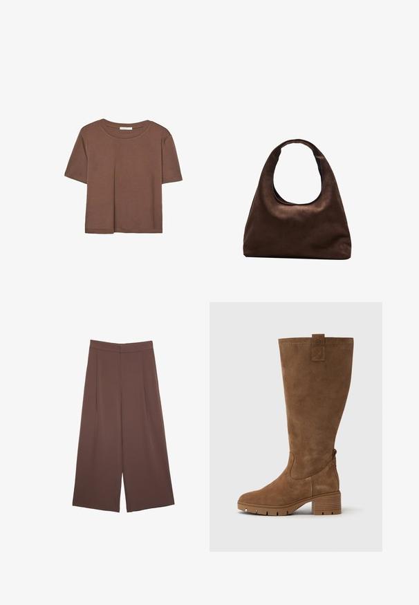 Hnedé tričko s krátkym rukávom vyrobené z jemného materiálu, s okrúhlym výstrihom a voľným strihom. Žiadne viditeľné vzory ani akcenty.; Hnedé nohavice so širokými nohavicami a hladkou textúrou, s vysokým pásom a prednými skladmi. Tkanina je ľahká a voľne sa pohybuje.; Tamaris Čižmy - brown; Svetlohnedá kabelka v štýle hobo s jedným širokým popruhom a zakriveným otváraním na vrchu, vystavená na bielom pozadí.