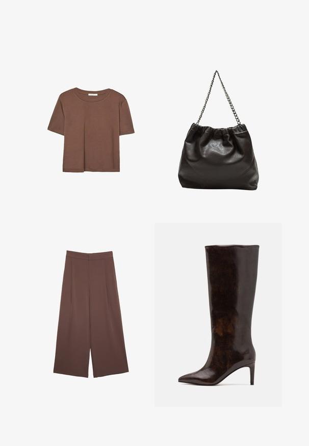 Korte mouwen T-shirt in bruin, gemaakt van een zachte stof, met een ronde halslijn en een relaxte pasvorm. Geen zichtbare patronen of accenten.; Bruine wijde broek met een gladde textuur, voorzien van een hoge taille en plooien aan de voorkant. De stof is lichtgewicht en valt losjes.; Call it Spring RHODDE - Laarzen met hoge hak - medium brown; Bruine leren tas met een geplooide bovenkant en een kettinghengsel. Glad textuur met een glanzende afwerking en subtiele naaddetails aan de zijkanten.
