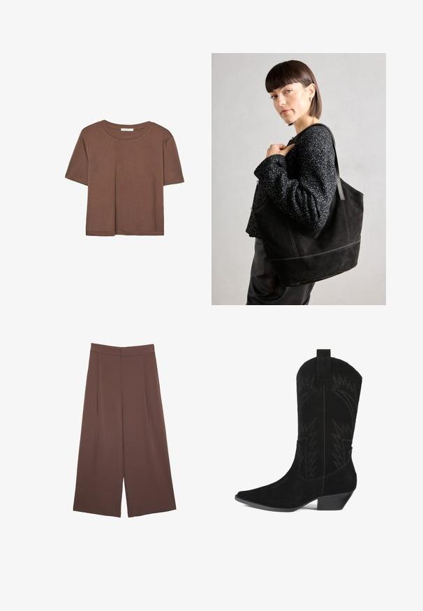 Maglietta a maniche corte marrone realizzata in tessuto morbido, con scollatura rotonda e vestibilità rilassata. Nessun motivo o dettaglio visibile.; Pantaloni ampi marroni con una texture liscia, caratterizzati da una vita alta e pieghe frontali. Il tessuto è leggero e scorre liberamente.; Stivale da cowboy in suede nero con punta affusolata, asta di media altezza e dettaglio di cuciture a zigzag. Presenta un tacco basso e affusolato.; Borsa tote nera in suede con una texture liscia, forma strutturata e cuciture a contrasto. Presenta lunghe tracolle per il trasporto a spalla.