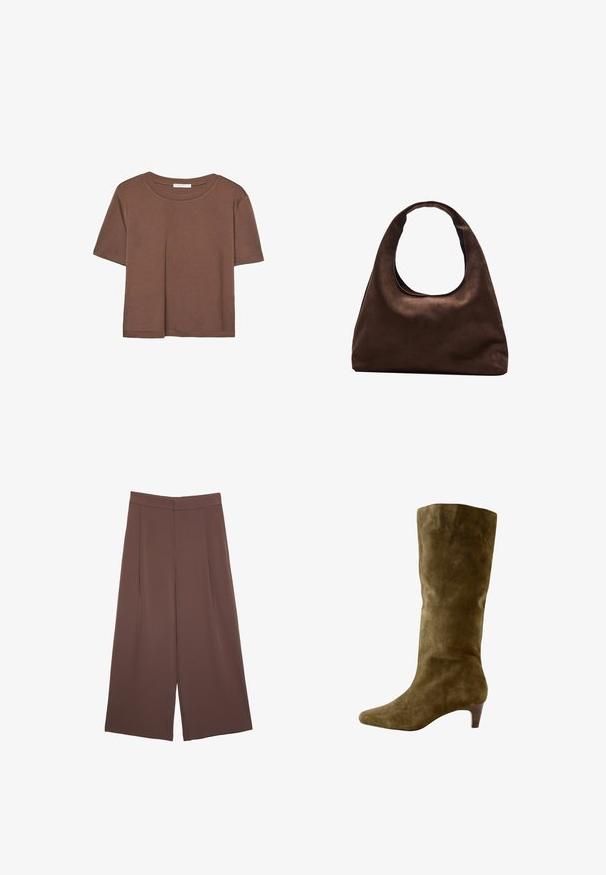 Braunes, kurzärmliges T-Shirt aus weichem Material mit rundem Halsausschnitt und lockerer Passform. Keine sichtbaren Muster oder Akzente.; Braune Weite-Leg-Hosen mit einer glatten Textur, hoher Taille und Vorderfalten. Der Stoff ist leicht und fällt locker.; Next FOREVER COMFORT KNEE HIGH HEELED - Stiefel - olive; Weiche braune Hobo-Stil Handtasche mit einem einzigen breiten Trageriemen und einer geschwungenen Oberteilöffnung, auf einem weißen Hintergrund präsentiert.
