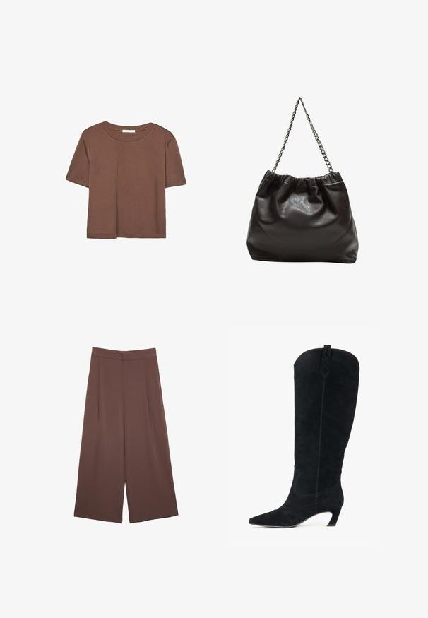 Hnědé tričko s krátkým rukávem vyrobené z měkké látky, s kulatým výstřihem a volným střihem. Bez viditelných vzorů nebo dekorací.; Hnědé široké kalhoty s hladkou texturou, vysokým pasem a předními záhyby. Materiál je lehký a volně splývá.; Černé semišové vysoké boty ke kolenům s špičatou špičkou a zakřiveným podpatkem. Mají vertikální prošití a dekorativní akcent na vrchní části.; Hnědá kožená taška se sbíraným vrškem a řetízkovým popruhem. Hladký povrch s lesklým finišem a jemným švem na bocích.