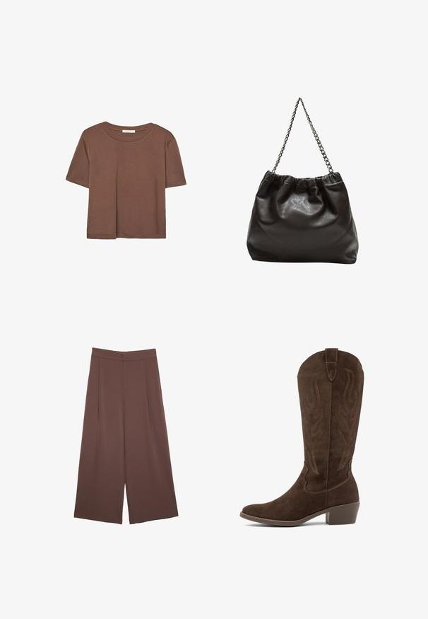 Brązowa koszulka z krótkim rękawem, wykonana z miękkiego materiału, z okrągłym dekoltem i luźnym krojem. Brak widocznych wzorów lub akcentów.; Brązowe spodnie o szerokich nogawkach z gładką fakturą, z wysokim stanem i plisami z przodu. Materiał jest lekki i luźno opada.; Brązowy zamszowy kowbojski but z dekoracyjnym haftem, średnim obcasem w kształcie bloku i pętelką do zakupu na białym tle.; Brązowa skórzana torba z marszczonym szczytem i łańcuszkowym paskiem. Gładka tekstura z błyszczącym wykończeniem i subtelnymi detalami szwów po bokach.