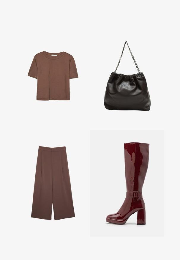 Brun kortærmet t-shirt lavet af blødt stof, med rund halsudskæring og afslappet pasform. Ingen synlige mønstre eller detaljer.; Brune bredbunde bukser med en glat tekstur, der har høj talje og plisseringer foran. Stoffet er let og falder løst.; Even&Odd Wide Fit Højhælede støvler - red; Brun lædertaske med en rynket top og en kædestrop. Glat tekstur med en blank finish og subtile sømdetaljer på siderne.