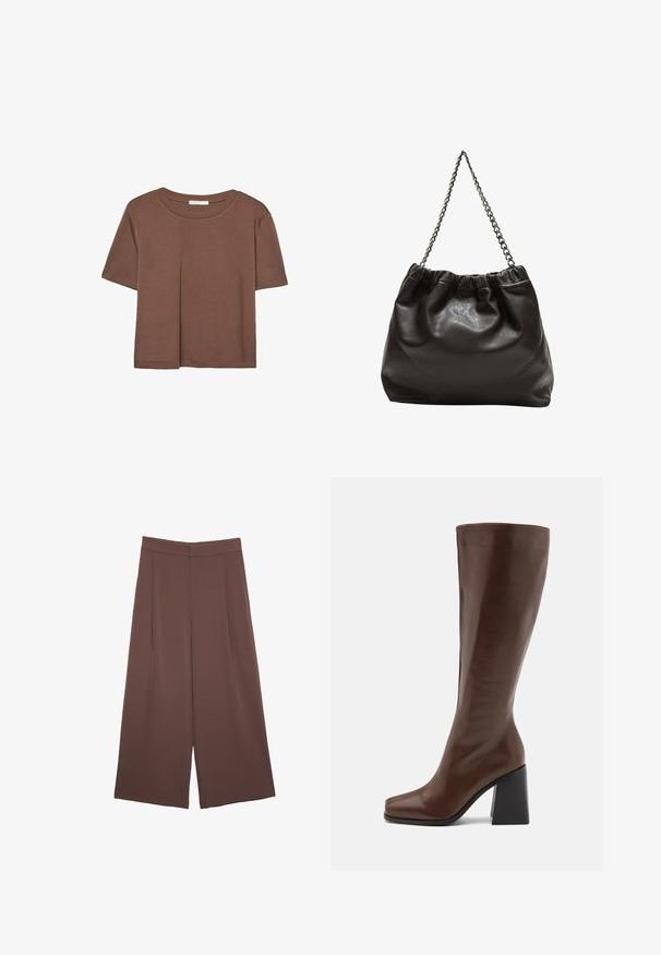 Brązowa koszulka z krótkim rękawem, wykonana z miękkiego materiału, z okrągłym dekoltem i luźnym krojem. Brak widocznych wzorów lub akcentów.; Brązowe spodnie o szerokich nogawkach z gładką fakturą, z wysokim stanem i plisami z przodu. Materiał jest lekki i luźno opada.; RAID RENZO brązowy; Brązowa skórzana torba z marszczonym szczytem i łańcuszkowym paskiem. Gładka tekstura z błyszczącym wykończeniem i subtelnymi detalami szwów po bokach.