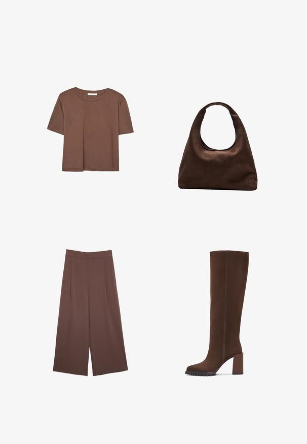 Braunes, kurzärmliges T-Shirt aus weichem Material mit rundem Halsausschnitt und lockerer Passform. Keine sichtbaren Muster oder Akzente.; Braune Weite-Leg-Hosen mit einer glatten Textur, hoher Taille und Vorderfalten. Der Stoff ist leicht und fällt locker.; Braune knöchelhohe Stiefel aus weichem Material, mit einer quadratischen Zehenform, Blockabsatz und einer strukturierten Gummisohle. Klare Linien ohne Verzierungen.; Weiche braune Hobo-Stil Handtasche mit einem einzigen breiten Trageriemen und einer geschwungenen Oberteilöffnung, auf einem weißen Hintergrund präsentiert.